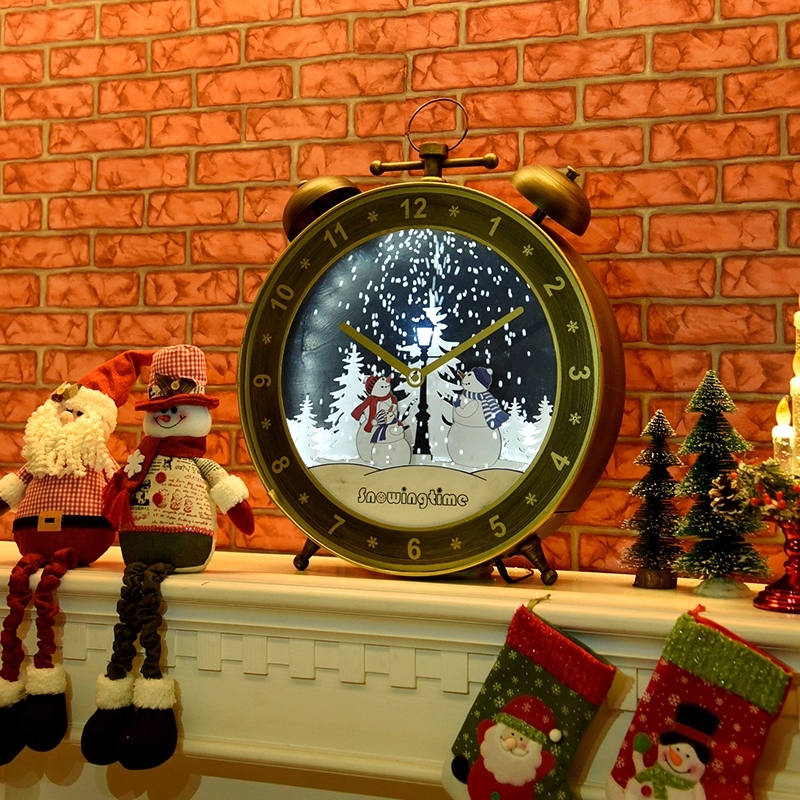 Snowing wooden alarm clock shaped christmas ornament
