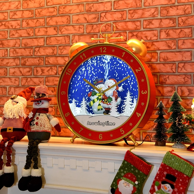 Snowing wooden alarm clock shaped christmas ornament