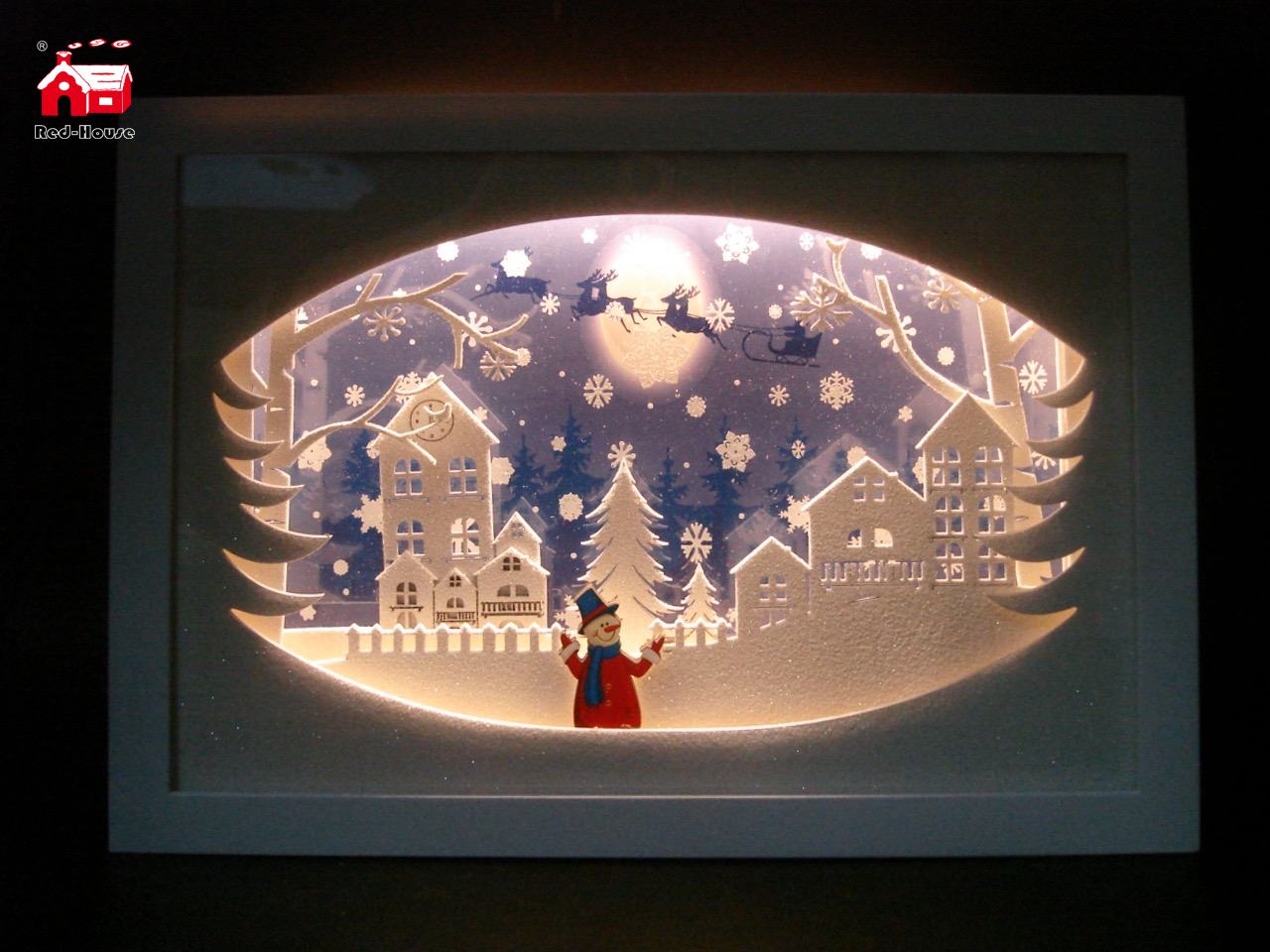 Christmas Decorative Horizontal Rectangle Frame Music Box As Led Home Decoration with Snow Flake Moving And Laser Cut Christmas Scene From Christmas Decoration Supplies