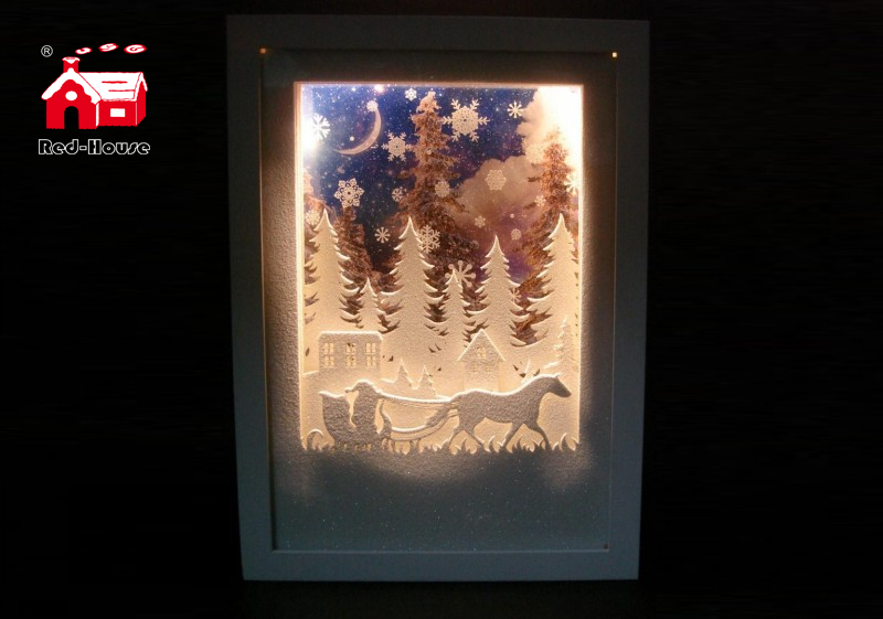 Christmas Decorative Big Rectangle Frame Music Box As Led Home Decoration with Snow Flake Moving And Laser Cut Christmas Scene From Christmas Decoration Supplies