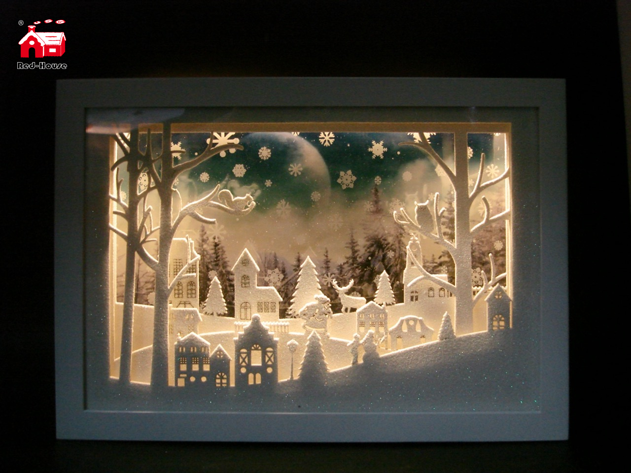 Christmas Decorative Horizontal Rectangle Frame Music Box As Led Home Decoration with Snow Flake Moving And Laser Cut Christmas Scene From Christmas Decoration Supplies