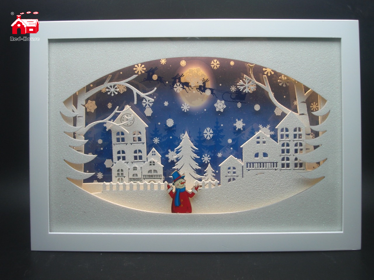 Christmas Decorative Horizontal Rectangle Frame Music Box As Led Home Decoration with Snow Flake Moving And Laser Cut Christmas Scene From Christmas Decoration Supplies