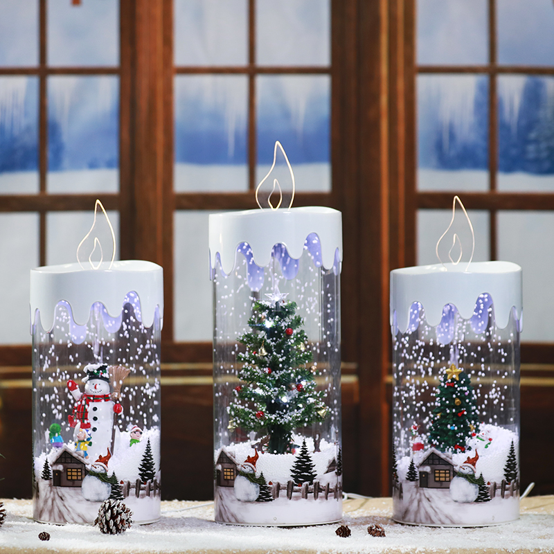 OEM Christmas home decor resin revolving led candles lights musical transparent plastic tabeltop snow globe candle lantern
