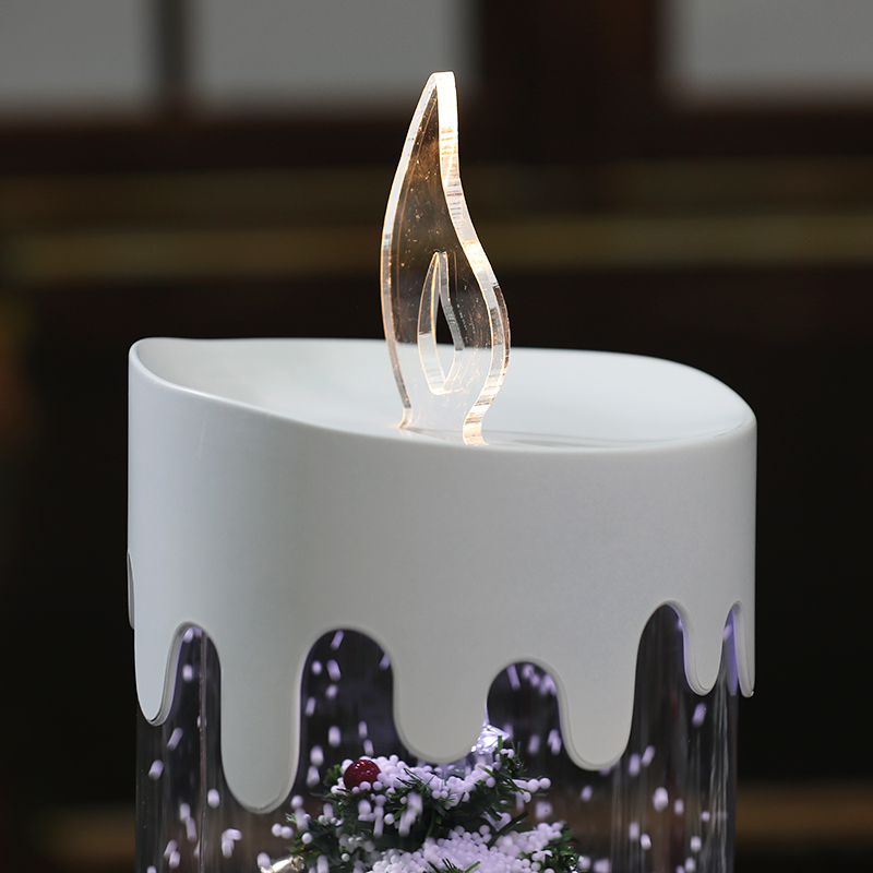 OEM Christmas home decor resin revolving led candles lights musical transparent plastic tabeltop snow globe candle lantern