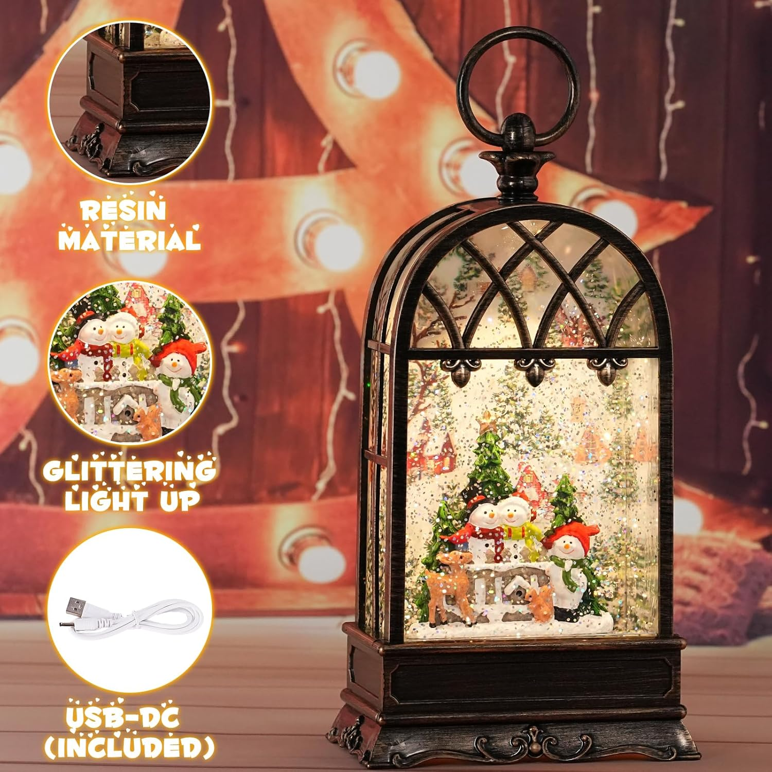 Lighted Christmas Snow Globe Lantern Musical Christmas Lantern Decoration Swirling Glitter for Gifts And Home Decor